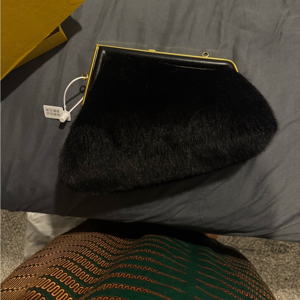 Fendi Black Fur Clutch with Gold Accents